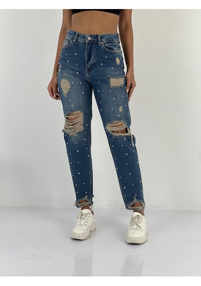 Miss Poem Kadın Taş Detaylı Lacivert Denim Kot Pantolon Lacivert