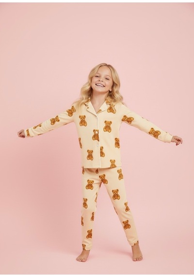 Beka Kids Ayıcık Desenli Uzun Kollu Önden Düğmeli Gömlek Yaka Kız Çocuk Pijama Takımı %100 Pamuklu Bej Beka Kids Ayıcık Desenli Uzun Kollu Önden Düğmeli Gömlek Yaka Kız Çocuk Pijama Takımı %100 Pamuklu Bej