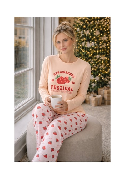Rindahomewear Kadın Çilek Baskılı Süprem Pijama Takımı Bej