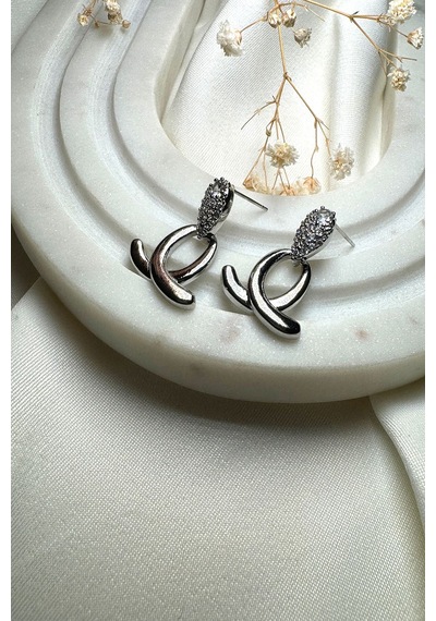 Luxury Collection Damla Tasarım Zirkon Taşlı Gümüş Renk Çelik Küpe Gümüş