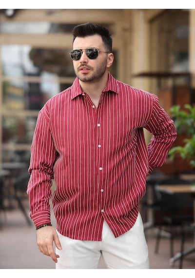 Yeni Sezon Eşref Tek Hafif Oversize Uzun Kollu Likralı Ütü İstemez Trend Çizgili Gömlek Bordo Çzgl Yeni Sezon Eşref Tek Hafif Oversize Uzun Kollu Likralı Ütü İstemez Trend Çizgili Gömlek Bordo Çzgl