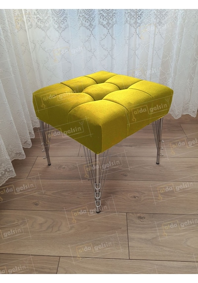 Modern Dilim Puf Ayakucu Puf Gümüş Metal Ayak 45 45 Sarı
