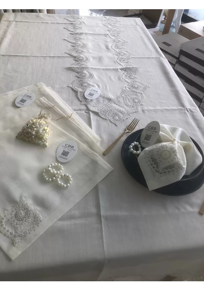 Buradabulabilirsin Sofra Takımı Kartanesi Gardenya Keten Yemek Takımı 160x220 Masa Seti 26 Parça Runner Set Kreme Gold Bbz