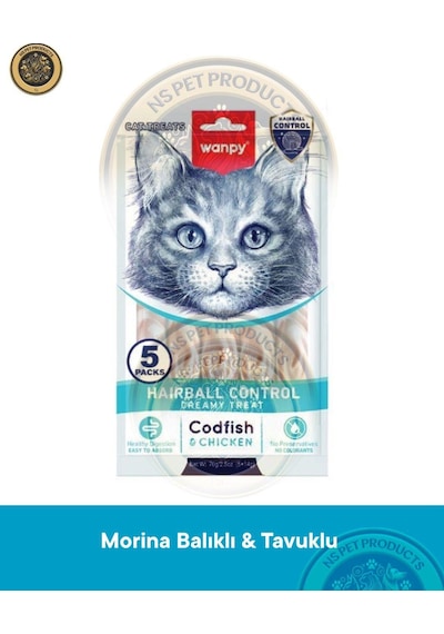 Wanpy Hairball Control Morina Balığı-tavuk Kedi Krema Ödülü 5x14gr