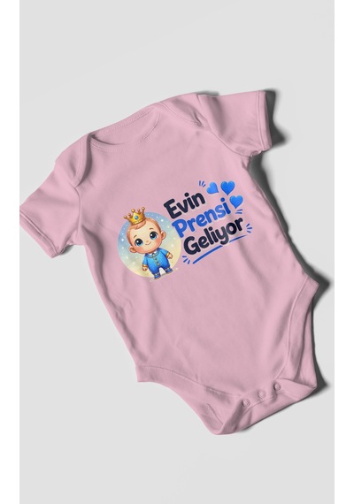 Morivokids Evin Prensi Geliyor Kısa Kollu Bebek Body %100 Pamuk Koyu Pembe