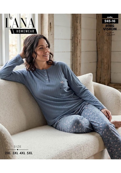 Lana Kadın Battal Pamuk Likralı Raporlu İnterlok Kışlık Pijama Takımı 245/16 - 1 Adet Mavi