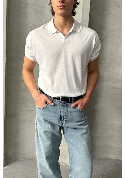 Erkek Oversize Pamuklu Polo Yaka Triko T-shirt Beyaz