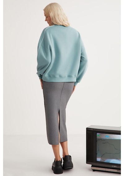 Grımelange Raketı Kadın Içi Polarlı Yumuşacık Bisiklet Yaka Biye Ve Parça Baskılı Relaxed Yeşil Sweatshirt