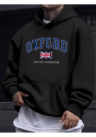 Startmore Startmoreoxford Birleşik Krallık Mektup Ve Bayrak Baskılı Erkek Eşofman Sokak Stili Bol Kapüşonlu Spor Siyah