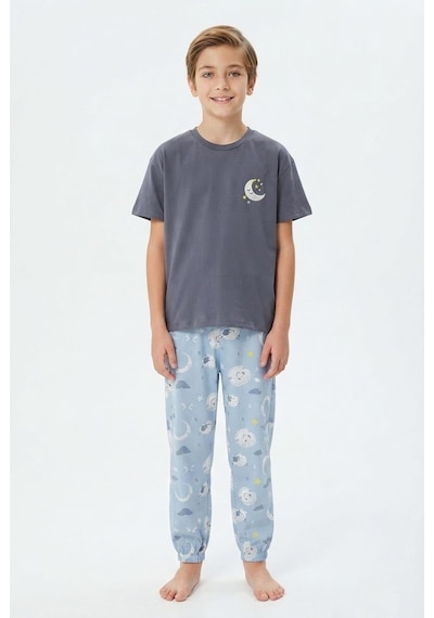 Bunny Hopp Erkek Çocuk Pijama Takımı %100 Pamuk Ay Ve Yıldız Nakışlı Yazlık Kısa Kollu Gri