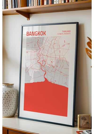 Bangkok Tayland Haritası Çerçeveli Tablo Lüks Salon Ofis Duvar Dekorasyonu Hediyelik Tablo