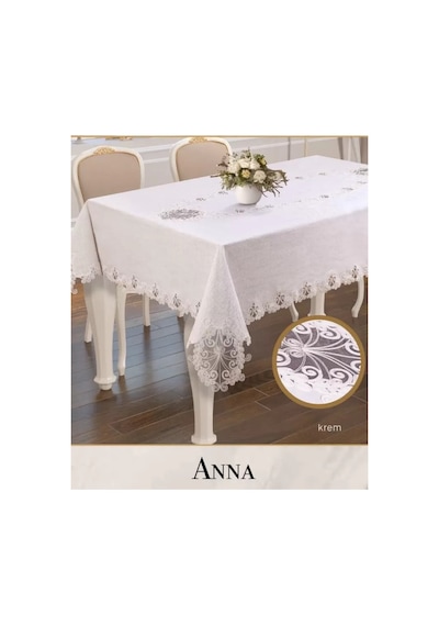 Gardenya Keten Tek Masa Örtüsü 160x260 Cm Dantelli Yemek Masası Örtüsü Anna Model Krem Çok Renkli