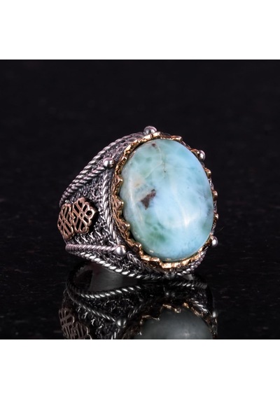 El Yapımı Doğal Larimar Taşı Yüzük, 925 Ayar Saf Gümüş Erkek Yüzüğü, Okyanus Huzuru Tasarımı Gümüş