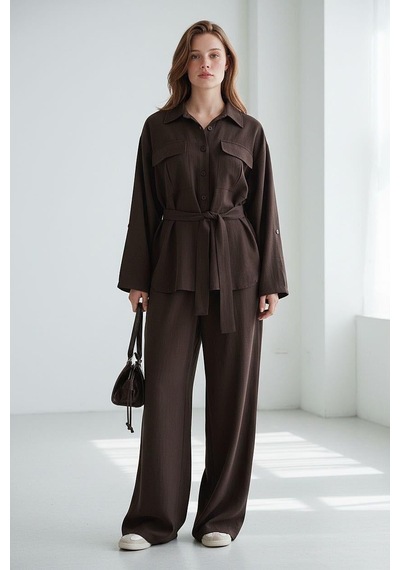 Seeh Kahverengi Uzun Kollu Oversize Kadın Takım Sh338 Standart