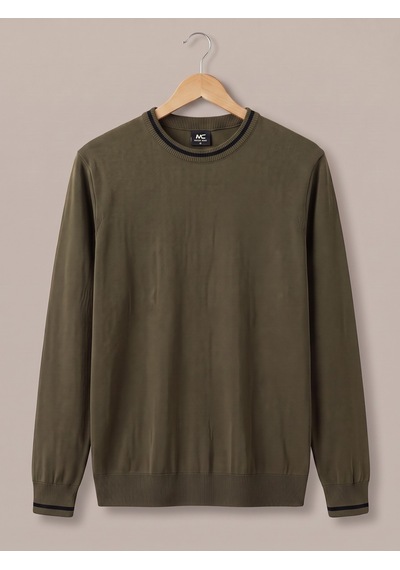 Maccali Erkek Haki Kontrast Şeritli Bisiklet Yaka Triko Sweatshirt