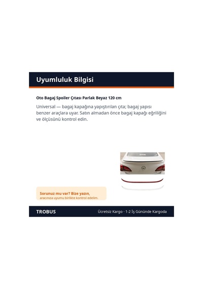 Trobus Oto Bagaj Spoiler Çıtası Parlak Beyaz 120 Cm