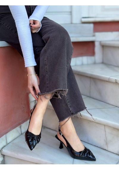 Ervanın Butiği Siyah Kırışık Deri Bow Fiyonk Detay Kadın Stiletto-6093