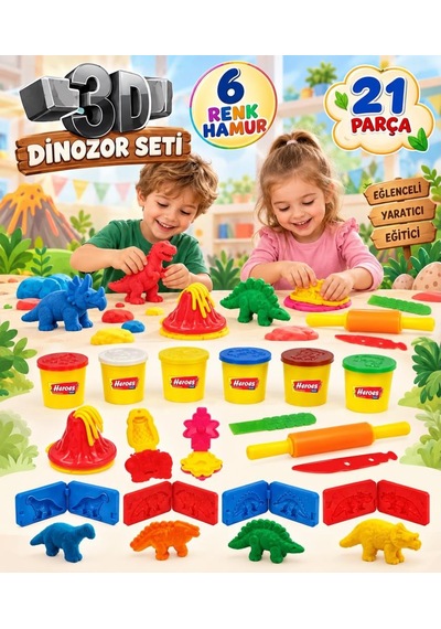 3d Dinazor Hamur 21 Parça 6 Farklı Renkli Dinazor Kalıplı Ve Aksesuarlı Oyuncak Oyun Hamuru Seti Çok Renkli