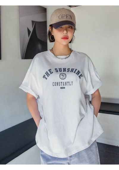 Flood Of Style Kadın Beyaz The Sunshine Baskılı Bisiklet Yaka Oversize T-shirt