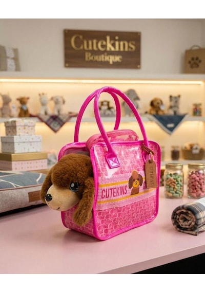 Sevimli Yavru Köpek Taşıma Seti - Peluş Oyuncak Ve Pembe Çanta Oyuncak Seti 1