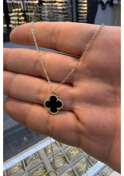 Yonca Siyah Taşlı Kolye 45 Cm Altın
