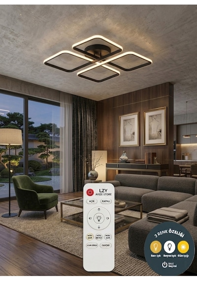 March Kumandalı Dekoratif Siyah Plafonyer Led Avize-4'lü Geometrik Kare 3 Renk Yanma Özellikli