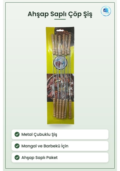 Ahşap Saplı Metal Çöp Şiş Mangal Aksesuarı Barbekü Kebap Bahçe Pi