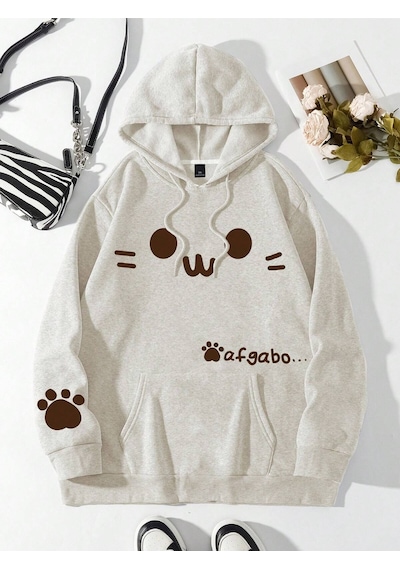 Startmore Moosta Plus-size Women's Cat Paw And Face Print Warm Drawstring Hoodie Fall Cloth For W Çok Renkli