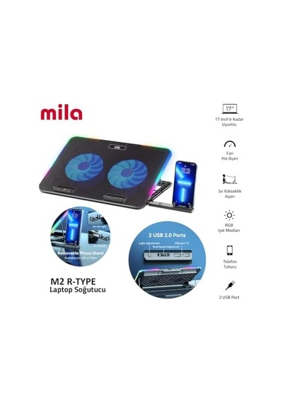 Mila Serisi M2 R-type Rgb Işıklı, 2 Büyük Fan, Telefon Standı,2 Usb Notebook Soğutucu Stand