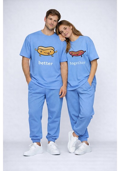 Better Together Baskılı Sevgili Kombini Çift Tişört Oversize Unisex Çift Kombin Mavi