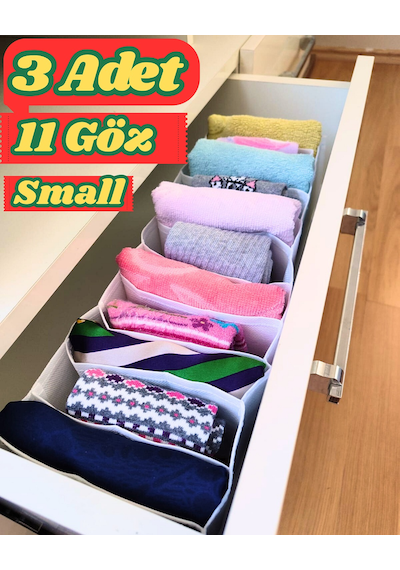 3 Adet 11 Gözlü Çekmece İçi Organizer & Düzenleyici Çorap Çamaşır Beyaz