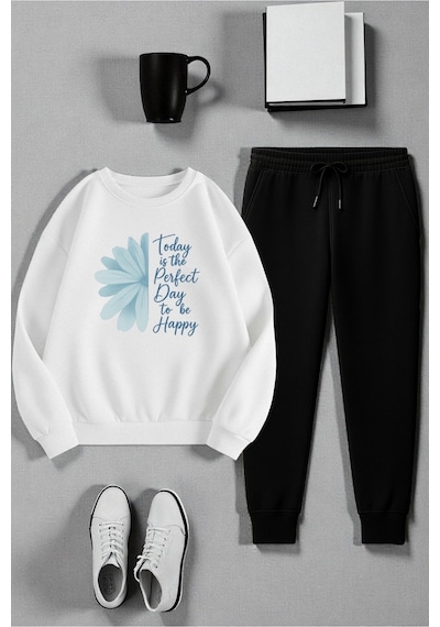 Uyguntarz Unisex Today İs The Perfect Tasarım Basklı Bisiklet Yaka Sweatshirt - 2'li Eşofman Takımı Beyaz