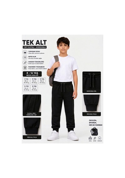 Erdem Kıds Unisex Kız Erkek Çocuk Beli Paçası Lastikli Fermuar Cepli Okul İki İplik Eşofman Altı Pantolon Siyah Siyah