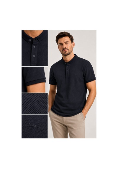 Wiox Polo Yakal Çıtlı Jakarlı Tişört Siyah