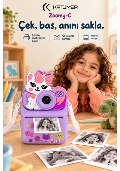 Kj/zm-001 Zoomy-c Kedi Figürlü Anında Baskılı Çocuk Fotoğraf Makinesi, Çift Kamera, 2,4 İnç Ekran, 1080p Video, 3+ Yaş Mor