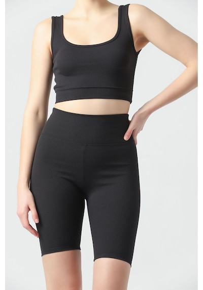 Kallima Siyah Toparlayıcı Fitilli Spor Crop-biker Tayt Takım Siyah