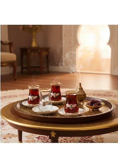 Queen Bee 12 Parça Çay Takımı 6 Kişilik Cam - Porselen Çay Seti Arı Desenli Şık Sunum Takımı Genel