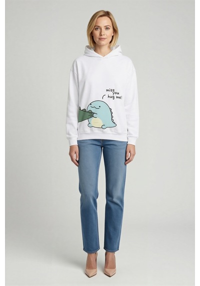 Ersefa Kadın Oversize Kapüşonlu Sweatshirt Sırt Baskılı Sevimli Dinozor beyaz