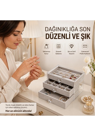 Piev House By House 3 Katlı Takı Organizeri, Kolye Yüzük Küpe Bileklik Düzenleyici, Takı Standı Ve Saklama Kutusu, Krem