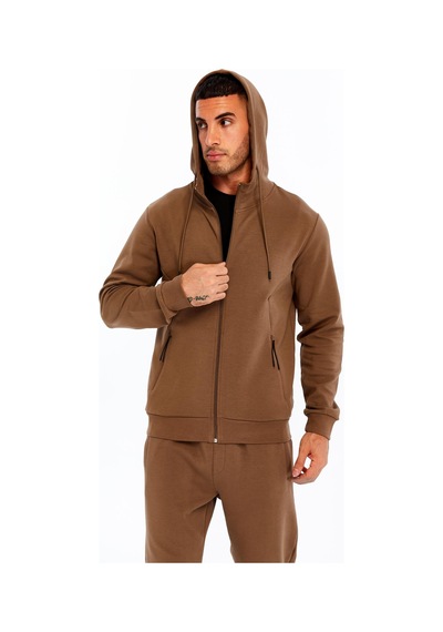 AR-MA Arma Erkek Slim Fit Interlok Kapüşonlu Sweatshirt Yandan Gizli Fermuarlı Cepli K30324989702 Kahverengi - Krem