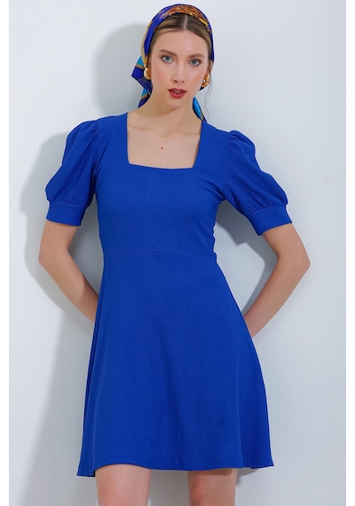 Bigdart Kadın Saks Kare Yaka Örme Mini Elbise 2339bgd19-034-14730 001