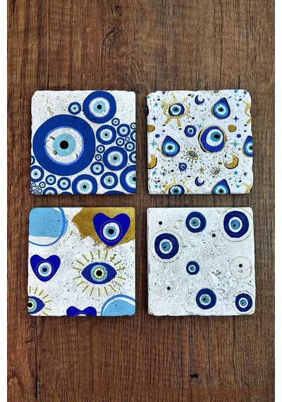 Doğal Taş Bardak Altlığı Nazar Boncuğu Baskılı 4'lü Set - Evil Eye Stone Coasters Çok Renkli