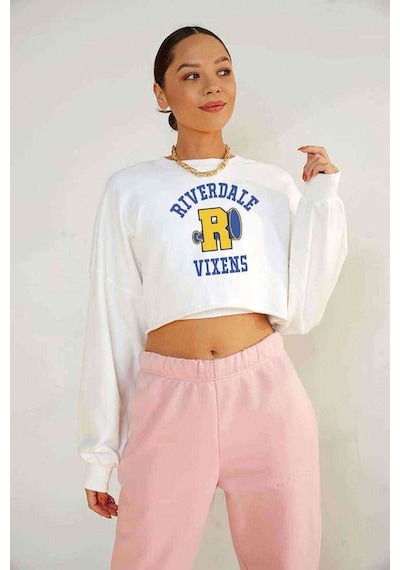 Riverdale R Vixens Baskılı Crop Kadın Beyaz Sweatshirt