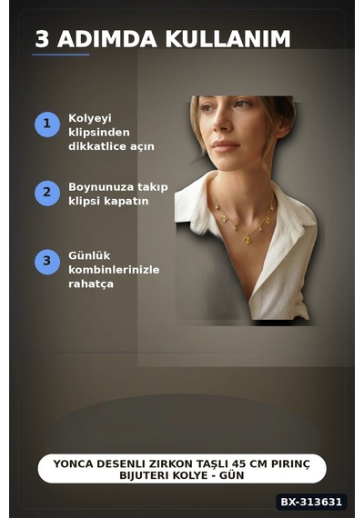Bay Yonca Desenli Zirkon Taşlı 45 Cm Pirinç Bijuteri Kolye - Günlük Kullanıma Uygun Bx-313631 Najmaddin Standart