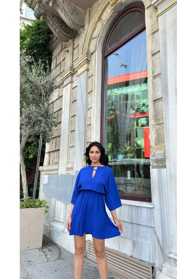 WeShaya Saks Yaka Detaylı Kloş Elbise Saks