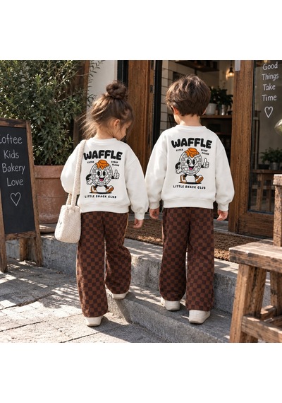 Waffle Baskılı Sweatshirt Ve Kahverengi Kareli Eşofman Alt Üst Takım Süper Kalite