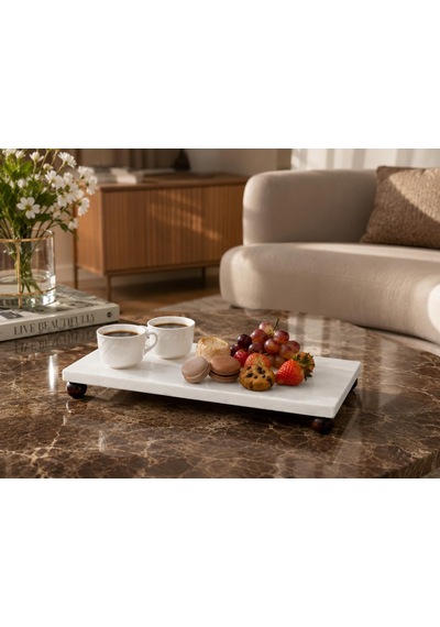 Beyaz Mermer Ahşap Ayaklı Sunum Tepsisi 15x30 Cm Dekoratif Lüks Sofra Servis Tepsisi