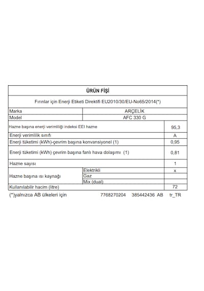 Arçelik AFC 330 G Fibona Serisi 72 LT Ankastre Fırın