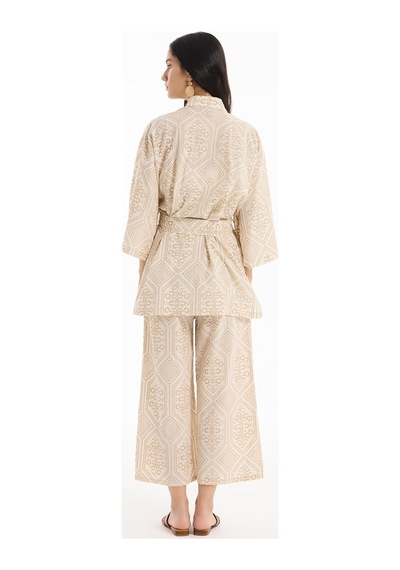 Etnik Desenli Bağlamalı Kısa Kimono Naturel Altın - Siyah