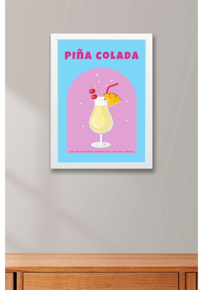 Pina Colada Temalı Renkli Çerçeveli Tablo Modern Mutfak Ve Bar Duvar Dekoru Beyaz